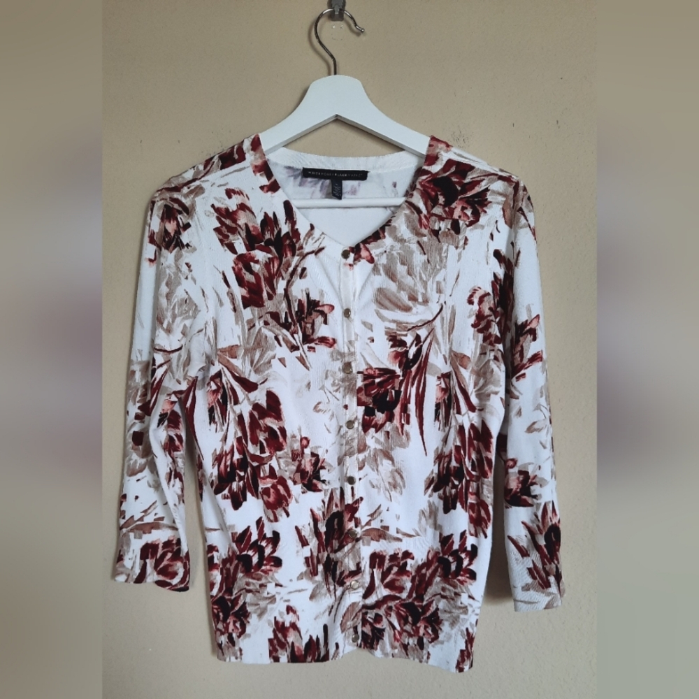 WHBM White Cardigan With Abstract Florals Snap Button Down Classic Timeless